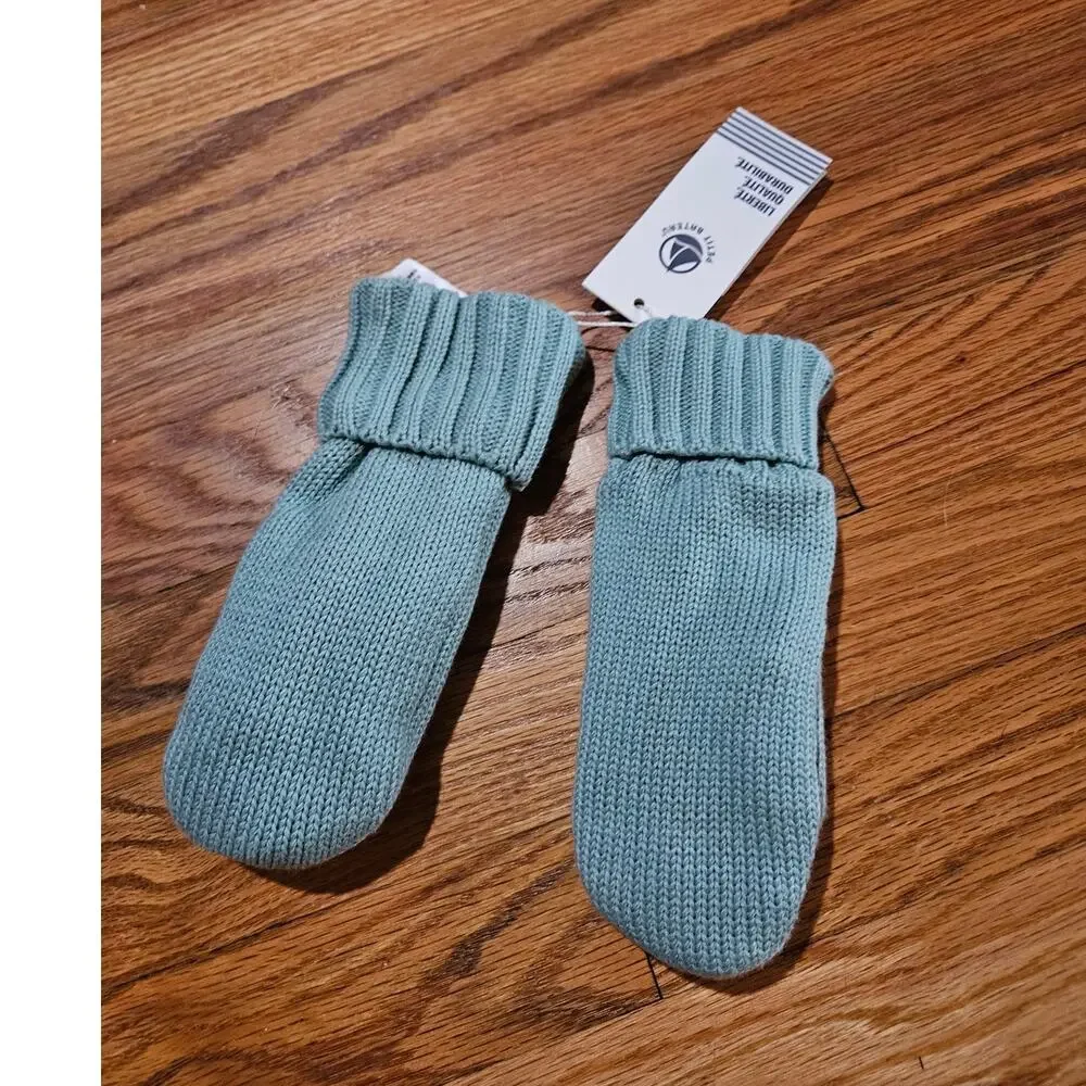 NWT! Petit Bateau Minty Green Organic Cotton Yarn Mittens Size 6-8 Girl or Boy